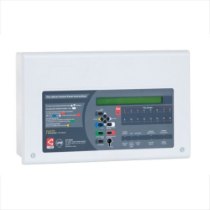 angled view of a c tec xfp 16 zone addressable fire alarm panel showing buttons and display screen