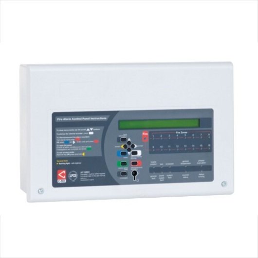 angled view of a c tec xfp 16 zone addressable fire alarm panel showing buttons and display screen