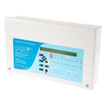 angled view of a c tec efp networkable fire alarm repeater panel 16 zone showing buttons and display on the front