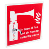 Angled air horn bracket attached to a red and white fire alarm instruction sign