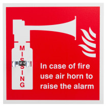Front view of an air horn bracket mounted on a red fire safety sign with text and horn graphic
