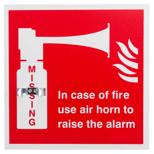Front view of an air horn bracket mounted on a red fire safety sign with text and horn graphic