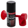 air horn with separate horn showing a red horn and a black canister with label in a group arrangement