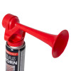 Close-up of a red air horn attached to a black and silver canister with text on the label