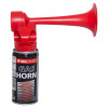Side view of a red air horn attached to a black gas canister with label details visible