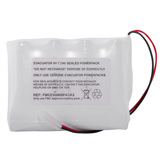 evacuator synergy rf replacement 9v battery pack white shown from the front with label and attached wires visible