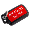 angled black and red evacuator synergy rf secure key fob with site alarms key fob label and metal ring