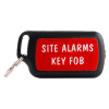Front view of evacuator synergy rf secure key fob with black body and red label reading site alarms key fob