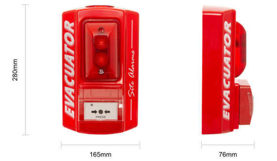 Evacuator fire alarm call point showing front and side views with measurements in millimetres