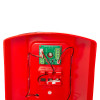 Closeup showing the inside of an evacuator sitemaster call point site alarm with visible wiring and circuit board