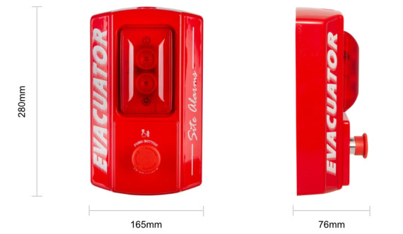 Evacuator dimensions device with button and light shown from front and side with measurements