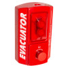 angled view of red evacuator sitemaster push button site alarm with visible button and cover