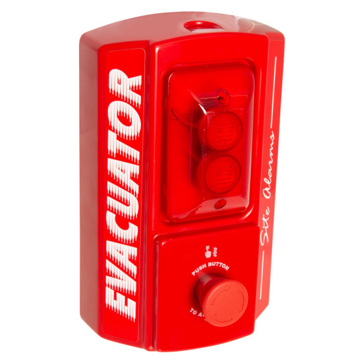 angled view of red evacuator sitemaster push button site alarm with visible button and cover