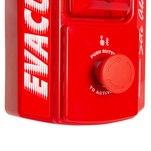 evacuator sitemaster push button site alarm showing the bottom view with red push button and white text