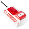 angled view of an evacuator synergy rf call point site alarm with red button and indicator light on white base