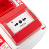 Bottom view of the evacuator synergy rf call point site alarm showing the press area with arrows and a clear protective cover