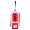 Front view of evacuator synergy rf call point site alarm showing red light and press button with antenna