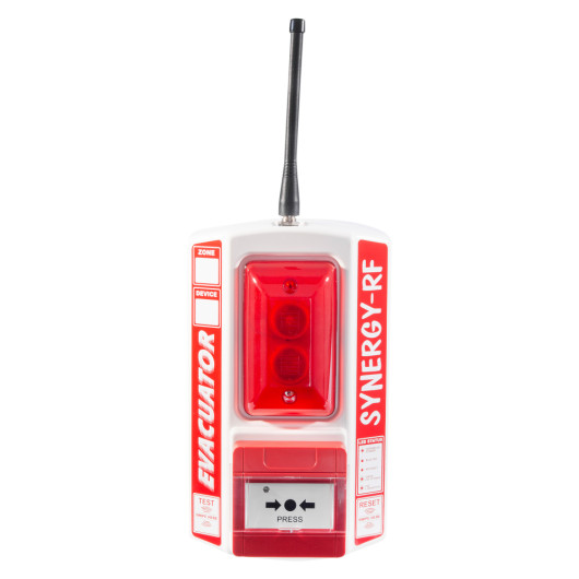 Front view of evacuator synergy rf call point site alarm showing red light and press button with antenna