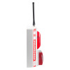 Side view of evacuator synergy rf call point site alarm showing white body with red alarm parts and black antenna
