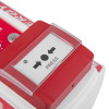 Closeup of the red call point on the evacuator synergy rf base station site alarm with press label
