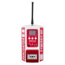 Front view of evacuator synergy rf base station site alarm with display, buttons, and antenna visible