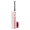 Side view of evacuator synergy rf base station site alarm showing white and red unit with antenna