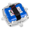 evacuator synergy rf heat detector site alarm showing blue battery pack secured with black strap inside white casing