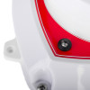 Closeup detail of the evacuator synergy rf heat detector site alarm showing part of the white and red casing with screws