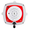 evacuator synergy rf heat detector site alarm shown from the front with red and white casing and visible mounting points