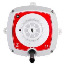 evacuator synergy rf heat detector site alarm shown from the front with red and white casing and visible mounting points