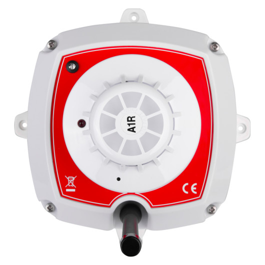 evacuator synergy rf heat detector site alarm shown from the front with red and white casing and visible mounting points