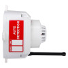 Side view of the evacuator synergy rf heat detector site alarm showing the white body with red label and black antenna