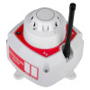Angled view of an evacuator synergy rf smoke detector site alarm showing the white unit with a black antenna and red label