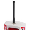 Top part of an evacuator synergy rf sounder strobe site alarm showing a black aerial on a white body with red labels