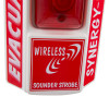 evacuator synergy rf sounder strobe site alarm showing bottom view with wireless sounder strobe label on white and red casing