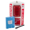 Evacuator synergy rf sounder strobe site alarm unit with blue battery pack and black antenna shown against white background