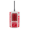 Front view of evacuator synergy rf sounder strobe site alarm showing the white body with red labels and black antenna