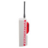 Side view of an evacuator synergy rf sounder strobe site alarm showing the white body with red detail and black antenna