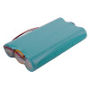 Front view of a 12v old synergy rf detector battery pack in aqua green with connected wires visible