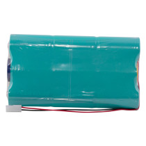 Front view of evacuator synergy rf replacement 12v battery pack in aqua green with visible connector and wiring
