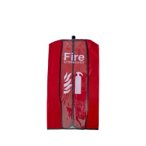 A medium red fire extinguisher cover with white text