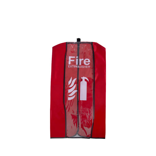 A medium red fire extinguisher cover with white text
