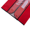 bottom of a fire extinguisher cover closed showing red fabric and clear plastic window with white extinguisher symbol