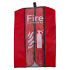 front view of a fire extinguisher cover closed in red with white text and symbols visible through clear panel