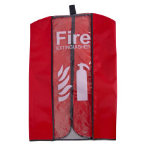 front view of a fire extinguisher cover closed in red with white text and symbols visible through clear panel