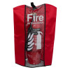 Red fire extinguisher cover showing front view with visible carbon dioxide extinguisher inside transparent panel