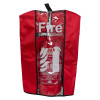 fire extinguisher cover in red with clear front panel showing foam extinguisher inside