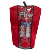 Red fire extinguisher cover shown from the front with powder extinguisher visible through clear panel
