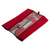 Red fire extinguisher cover shown open and angled with clear plastic window and printed fire extinguisher graphic