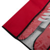 Fire extinguisher cover showing the open bottom corner with red fabric and clear plastic window